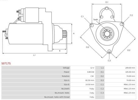 Стартер BO 12V-0.8kW-9t, F000AL0400,F00 AL0413, Audi,VW S0717S