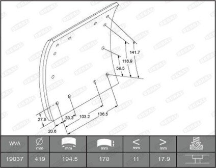 Накладки гальмівні WVA19036 необхідні заклепки: L9 96шт 1903618600015606