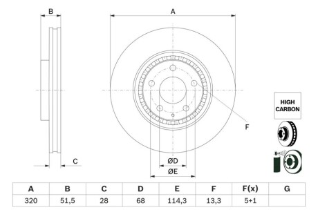 BOSCH MAZDA Диск гальмівний передній CX-5 (KF) 2.2 D 17-, CX-9 (TC) 2.5 T 16-, 6 (GJ, GL) 2.2 D 0986479H02