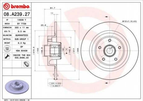 Тормозной диск BREMBO 08.A239.27 (фото 1)
