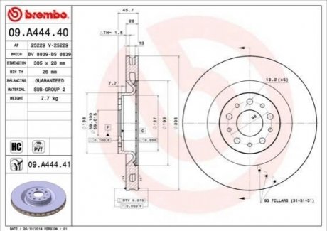 Тормозной диск (передний) BREMBO 09.A444.40 (фото 1)