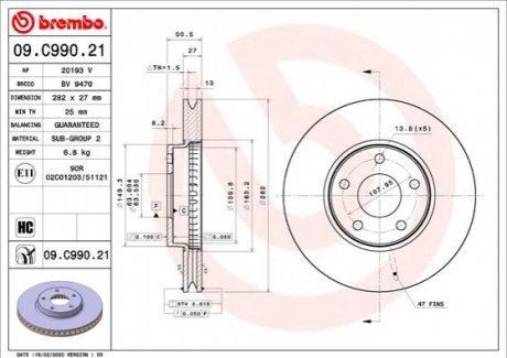 Гальмівний диск BREMBO 09.C990.21 (фото 1)