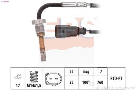 Датчик температури випускних газів Audi A4 (B9) 3.0TDI 18-/A6 (C8) 18-/Q5/Q7/Q8 18-/VW Touareg 3.0TDI 17- EPS 1.220.314 (фото 1)