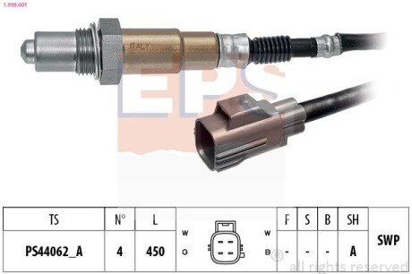 Лямбда-зонд (4-х конт) L 450mm Land Rover Discovery 5.0 4x4 09-18/Freelander 3.2 06-14/Range Rover 05-13 /Volvo S40/S60/S80/XC60 2.5/3.2 1.998.601