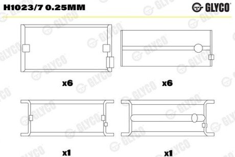 Вкладиші корінні 0.25MM HL/PASS-L (К-Т R6 ЦІЛ) IVECO F3BE 0681 CURSOR 13 (пр-во Glyco) H1023/7 0.25MM