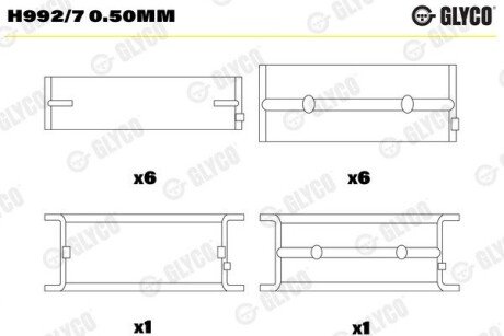 Вкладиші корінні 0.50MM HL/PASS-L (К-Т R6 ЦІЛ) MAN D2566/D2866/76/MB OM407/42 (пр-во Glyco) H992/7 0.50MM