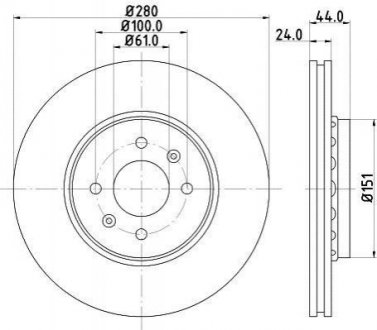 Тормозной диск перед. Kangoo 1.5/1.9dCi/1.6i 01- (4x4)/Megane II/ScenicII (280x24) HELLA 8DD355129-611 (фото 1)