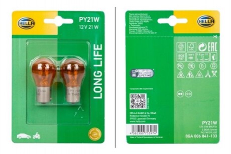 HELLA PY21W 12V21W Автолампа жовта LONG LIFE UP TO 3x LONGER LIFETIME (блістер 2 шт) 8GA 006 841-133