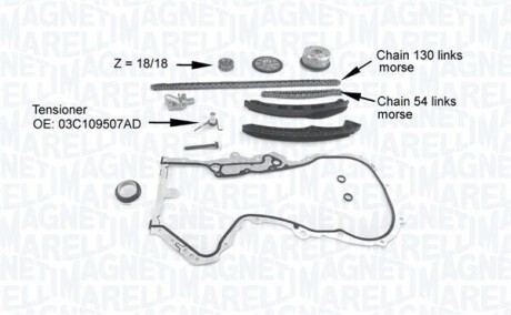 MAGNETI MARELLI VW К-т ланцюга приводу р/вала (ланцюг 2шт 130/54зв. ) Audi,Skoda Fabia,Octavia,Seat,Golf V,Passat,Touran 1.4TSI 341500001210