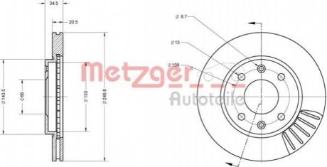 Диск гальмівний (передній) Citroen AX/Saxo/Peugeot 106/206/309 96- (247x20.5) METZGER 6110173 (фото 1)