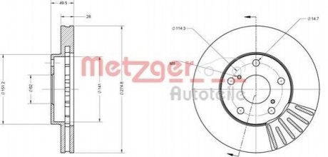 Диск тормозной (передний) Toyota Camry 2.2-3.0 91-06 (275x28) (вентилируемый) METZGER 6110624 (фото 1)