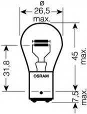 Лампа накалу, сигналу гальмування/ задний габ. огонь. Лампа накаливания, фонарь сигнала торможения. Лампа накаливания, задняя противотуманная фара. Лампа накаливания, задний гарабитный огонь. Лампа накалу, сигналу гальмування/ задний габ. OSRAM 7538LDR (фото 1)