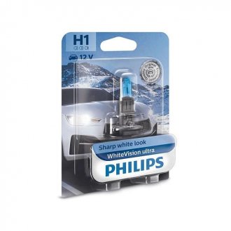 Лампа накаливания H1 WhiteVision ultra 12V 55W P14,5s (+60) (3700K) blister (пр-во Philips) 12258WVUB1
