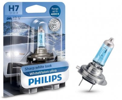 Лампа розжарювання H7 12V 55W PX26d H7 WhiteVision ULTRA +60 (4200K) (1шт) (вир-во Philips) 12972WVUB1