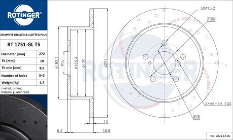 Диск гальмівний графітовий (кратно 2) SUBARU LEGACY IV [274X66] (1751-GL/T5) ROTINGER RT 1751-GL/T5