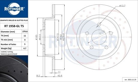 Диск гальмівний (задній) Ford C-Max 10-/Kuga/Connect 13- (280x11) RT1958GLT5