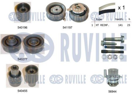 Комплект ГРМ + помпа VW Caddy III 07-10-/Golf IV/V 00-11/Passat 1.9T/2.0 TDI 00-09 RUVILLE 5500591 (фото 1)