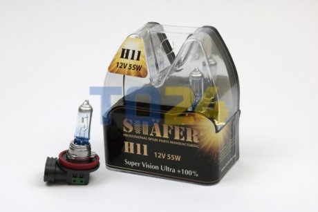 Лампа галогенова H11 12V55W Super Vision Ultra +100% (комплект, пластиковий бокс 2шт) SHAFER SL3011 (фото 1)