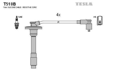 Провода высоковольтные, комплект Toyota Avensis 1.6 (97-00),Toyota Avensis 1.8 (97-00) (T518B) TESLA