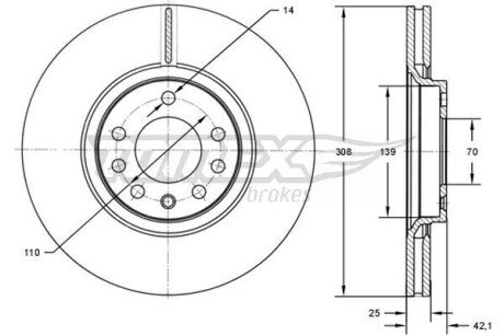 Диск гальмівний (передній) Opel Astra G/H/Corsa E/Meriva 00- (308x25) TX7203