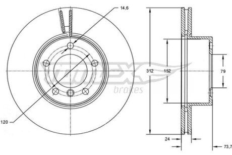 Диск тормозной (передний) BMW 1(F20/F21) 11-/3 (E90/E91/E92) 07-11 (312x23.9) B37/N13/N47/N55 TX7278