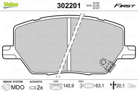 Тормозные колодки дисковые FIAT-JEEP 500X-Compass II-Renegade 1.3-2.0 F 14 VALEO 302201