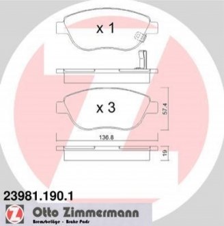 Гальмівні колодки, дискове гальмо (набір) ZIMMERMANN 239811901 (фото 1)