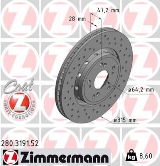 Диск тормозной Zimmermann 280.3191.52